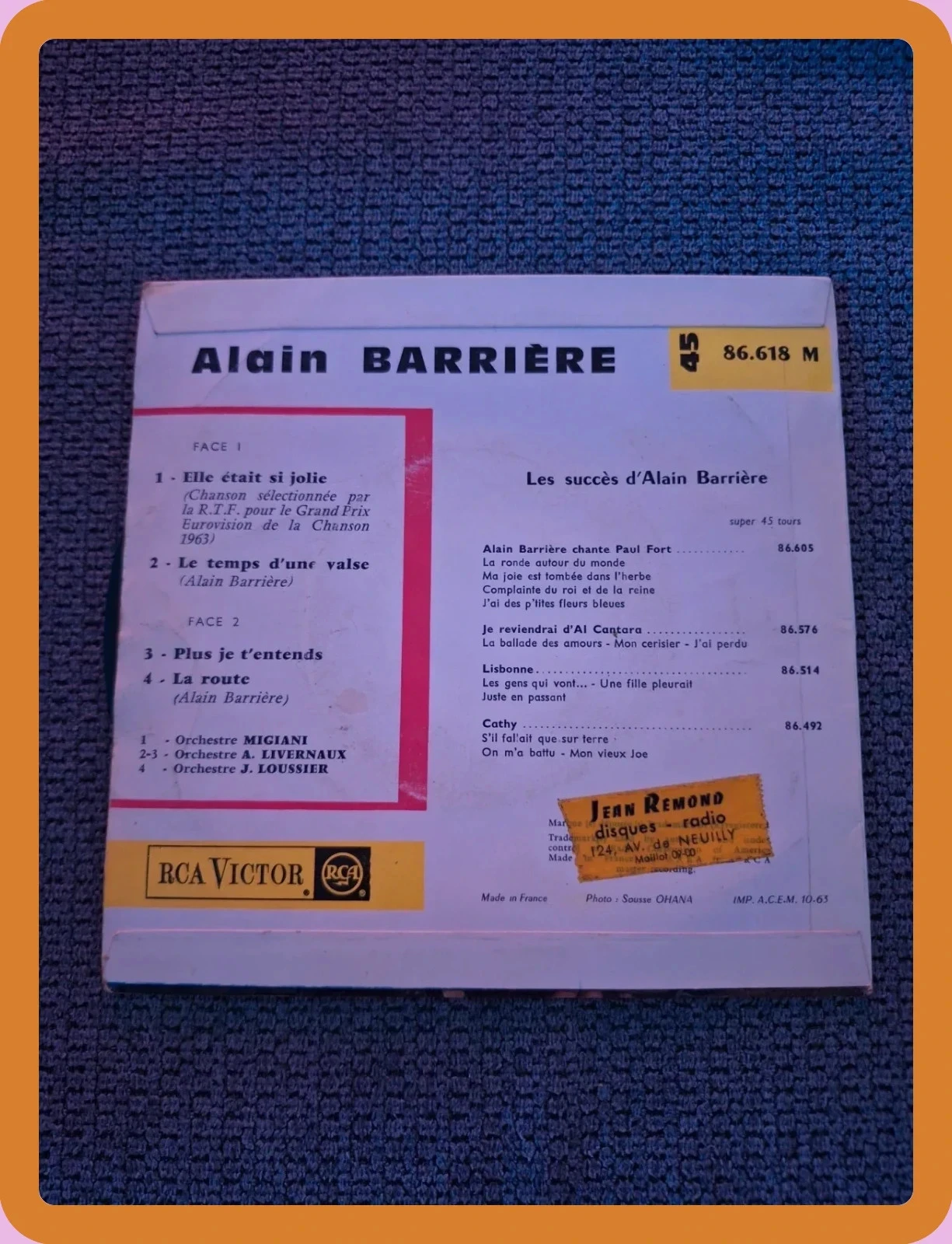 Vinyl Super 45 Toeren - Alain Barrière - Ze was zo mooi (1963) - RCA Victor – photo 2